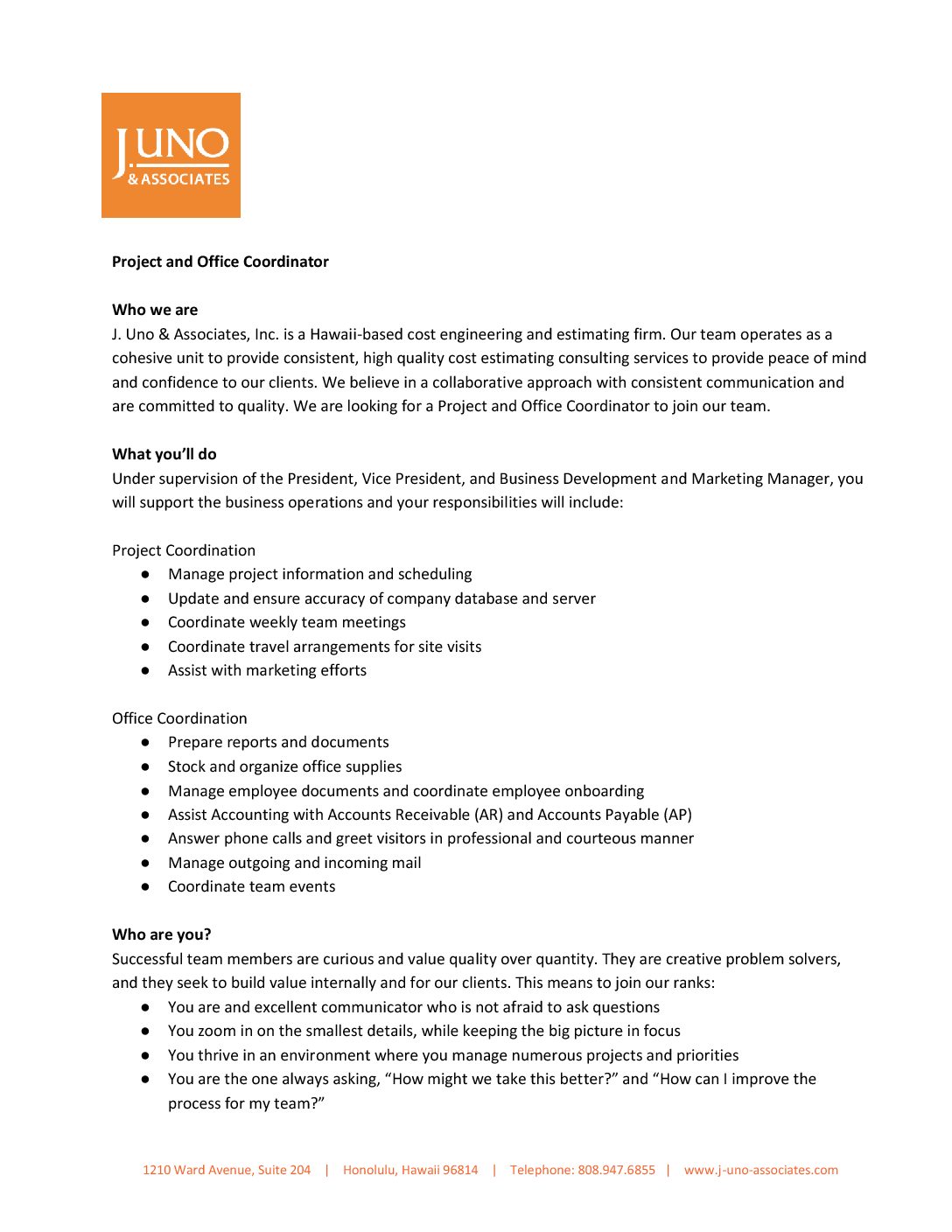 Project and Office Coordinator Job Description • J. Uno & Associates, Inc.